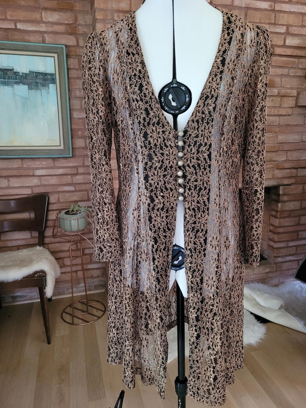 Lace Midi Dress/ Duster in Black And Bronze Sz L